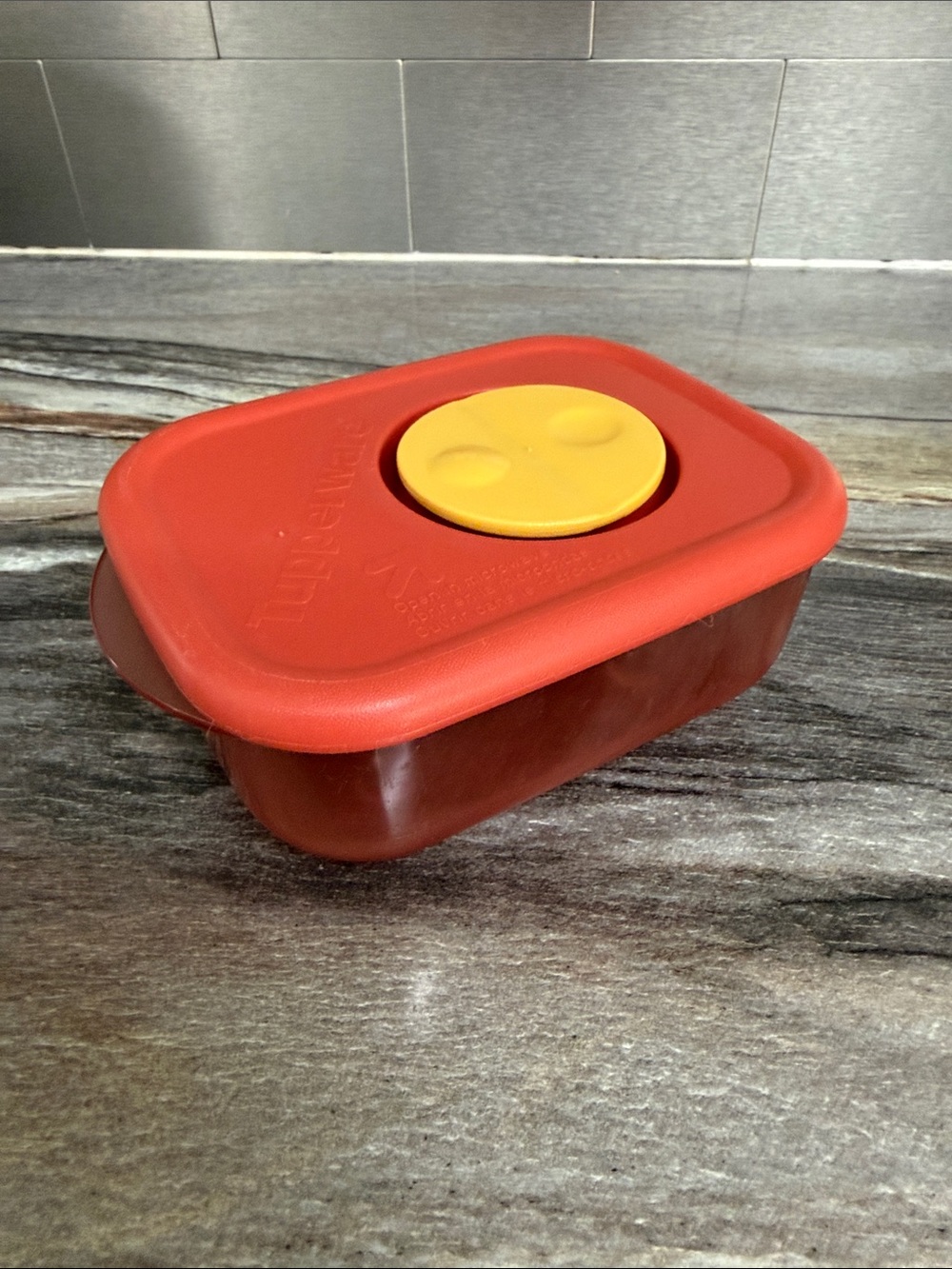 Tupperware Red Storage Container with Yellow Vent Lid